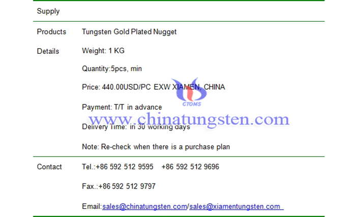 tungsten gold plated nugget price picture