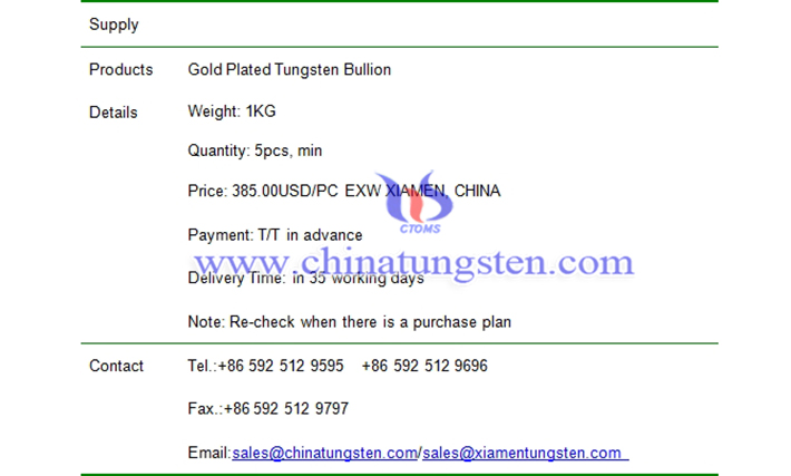 gold plated tungsten bullion price picture