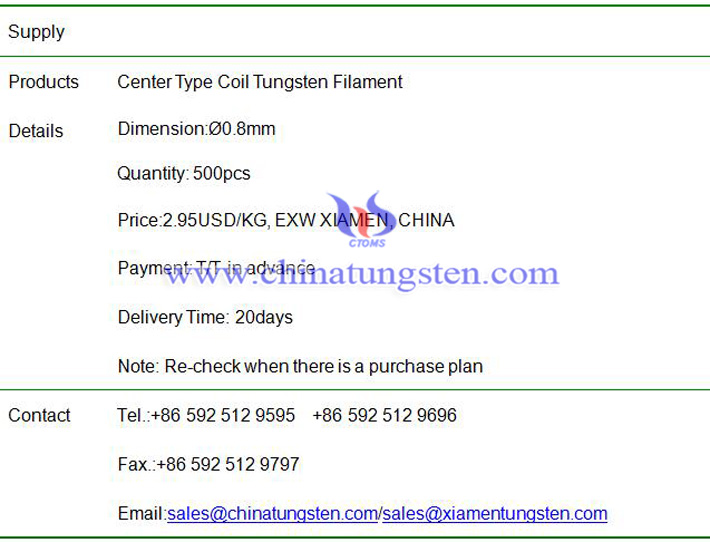 center type coil tungsten filament price image