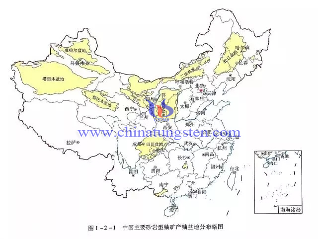 中國主要砂岩型鈾礦產鈾盆地分佈略圖