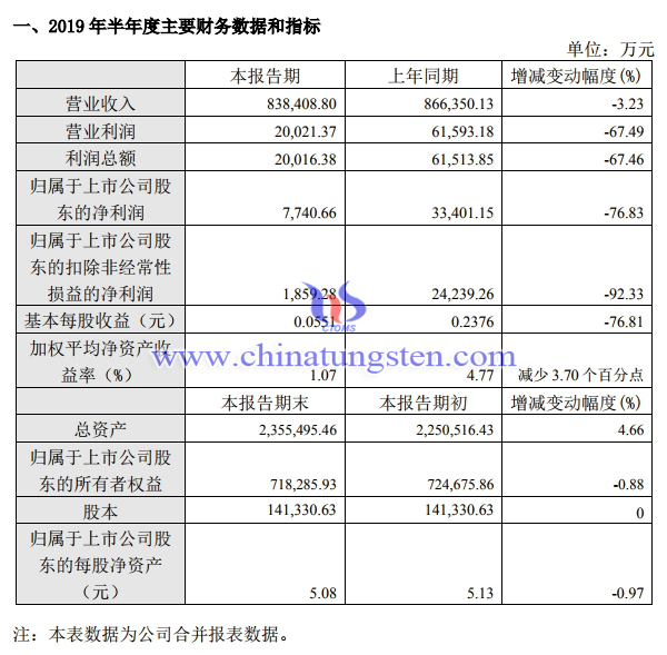 2019年上半年廈門鎢業主要財務資料和指標