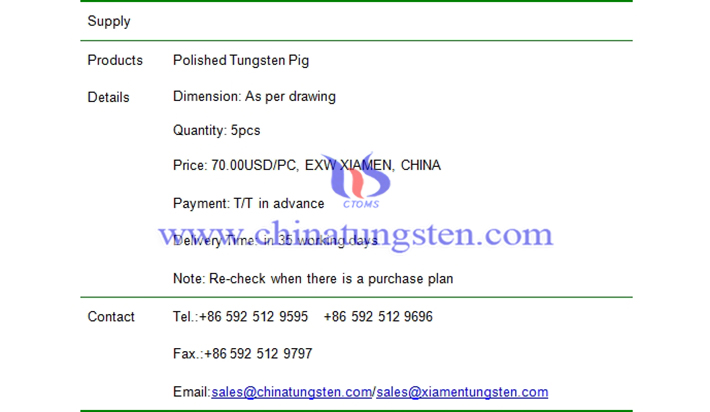 polished tungsten pig price picture