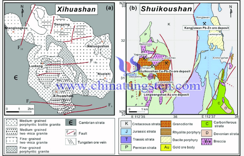 a simplified geological map of the Xihuashan mining district image