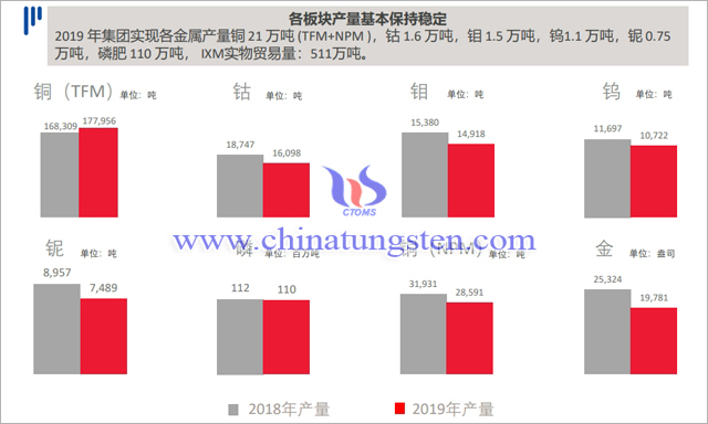 洛钼2019年各金属板块产量