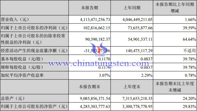 中钨高新主要会计数据和财务指标
