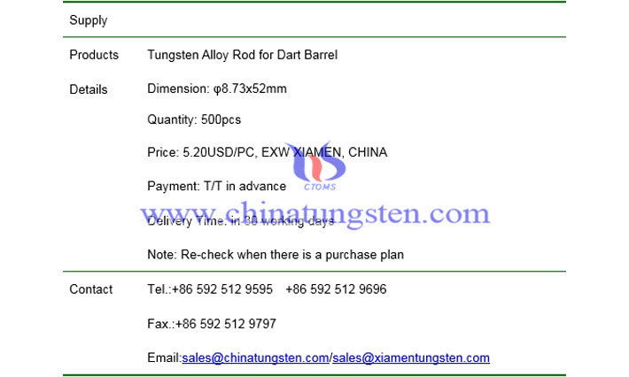 tungsten alloy rod for dart barrel price picture
