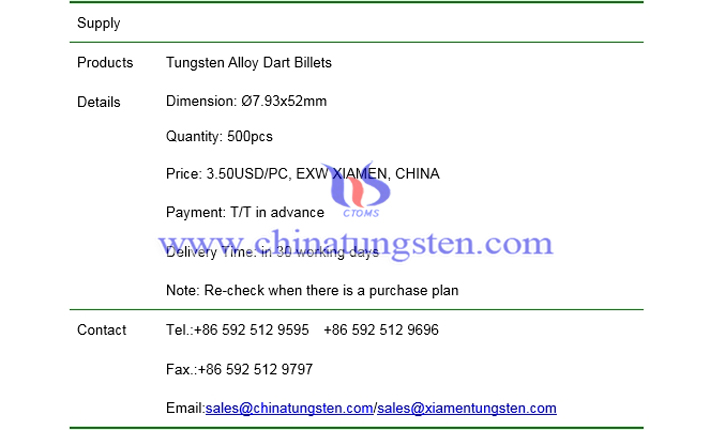 tungsten alloy dart billets price picture