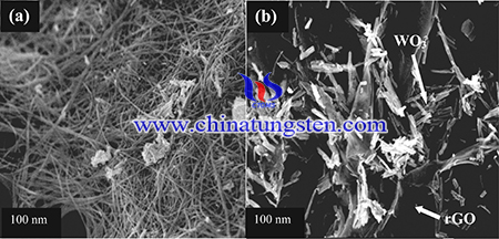 FESEM images of the (a) WO3 and (b) rGO-WO3 composites