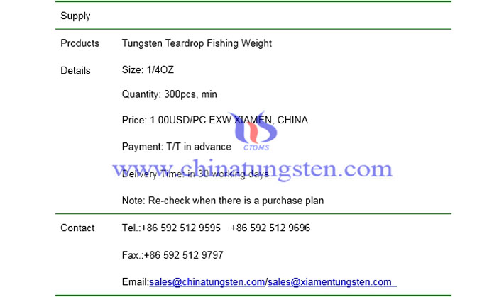 tungsten teardrop fishing weight price picture