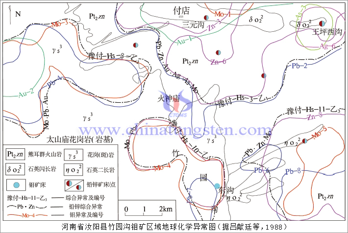 河南省汝阳县竹园沟钼矿区域地球化学异常图