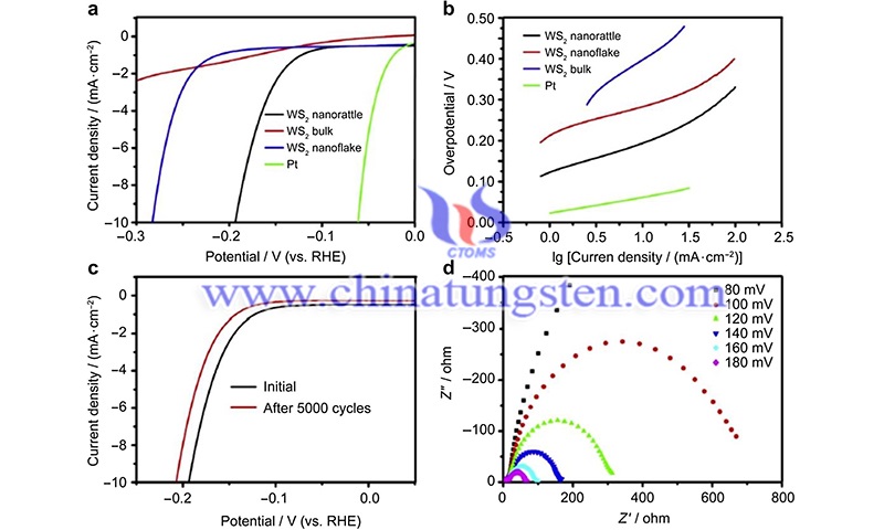 Polarization curves and corresponding Tafel plots of bulk of WS2 WS2 nanofakes and WS2 nanorattles image