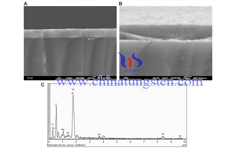 SEM images and EDS result of as-deposited WO3-x thin film image