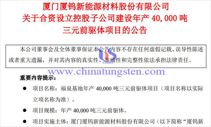 厦钨新能拟联合投建年产4万吨三元前驱体项目公告