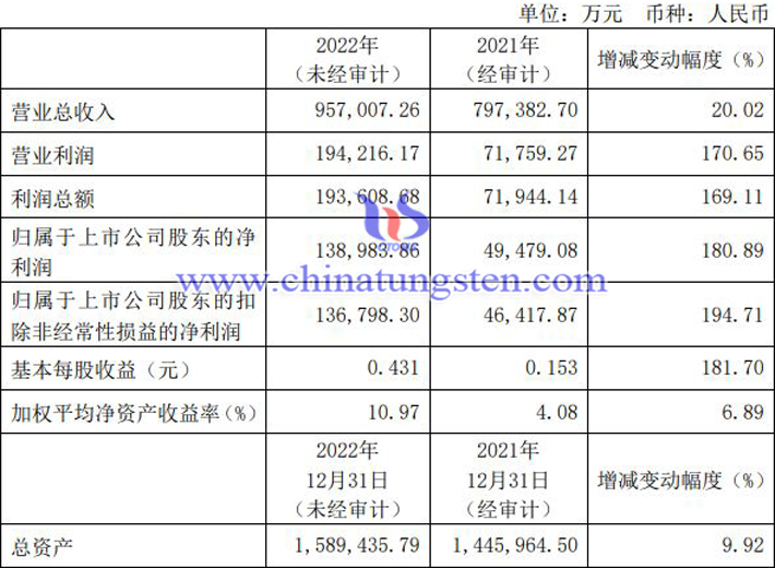 金鉬股份2022年業績快報公告