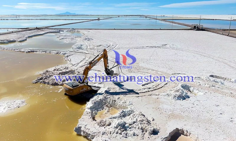 A backhoe digs a salt recovery pool for raw material to produce lithium image