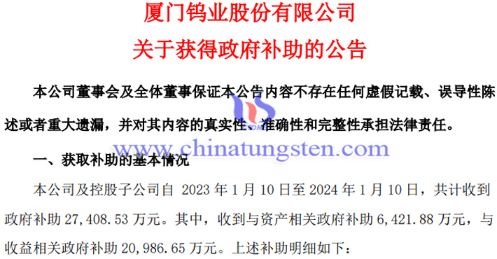 厦门钨业2023年获得政府补助公告