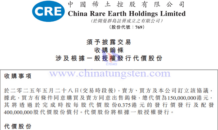 中國稀土控股有限公司擬1.5億港元購買鎢條公告 中國稀土控股有限公司擬1.5億港元購買鎢條公告