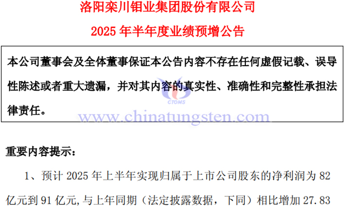 洛阳钼业2025年上半年净利预增公告